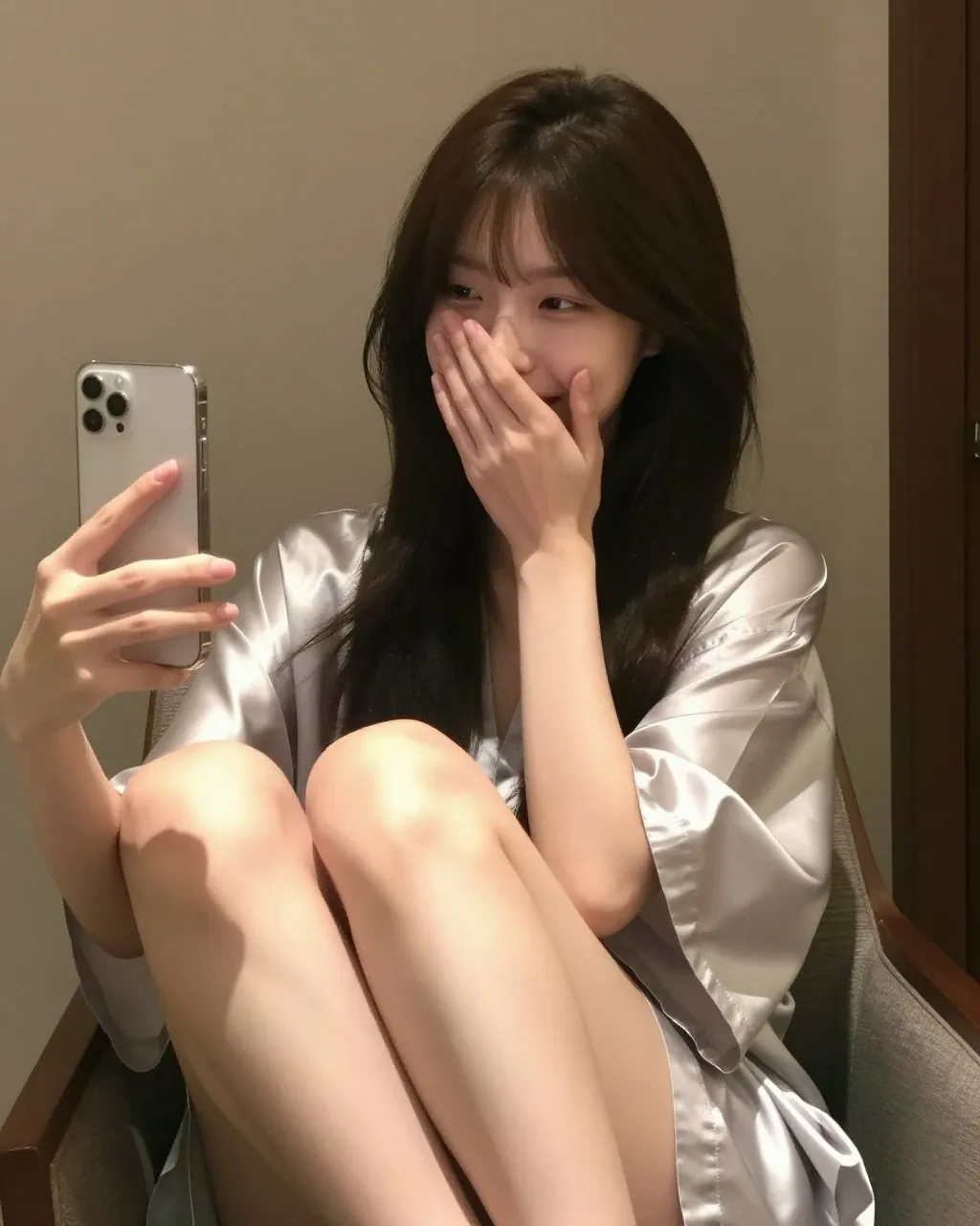 은색 가운을 입고 휴대폰을 든 여성